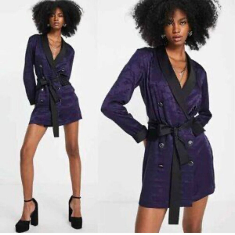 Topshop Purple Satin Blazer Dress with Black Trim